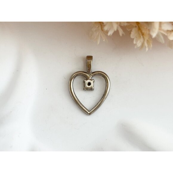 Heart Shaped CZ Accented Tiny Sterling Silver 925 Vintage Pendant | Charm - Picture 3 of 12